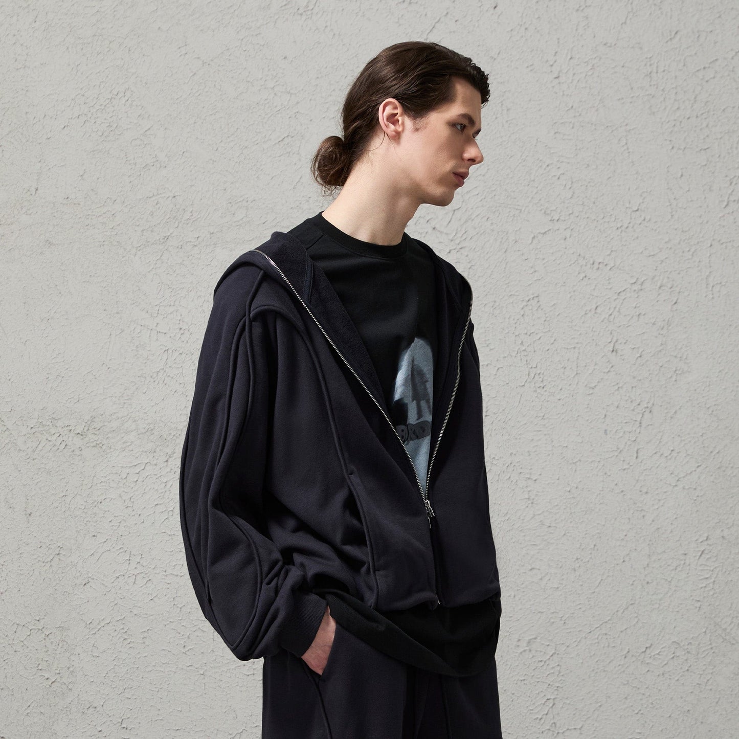 Curved Panel Drawstring-Hem Zip-Up Hoodie