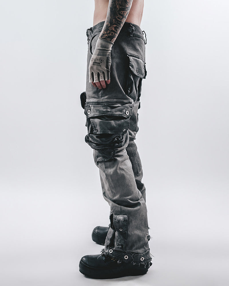 Asymmetric Spliced Distressed Cargo Pants