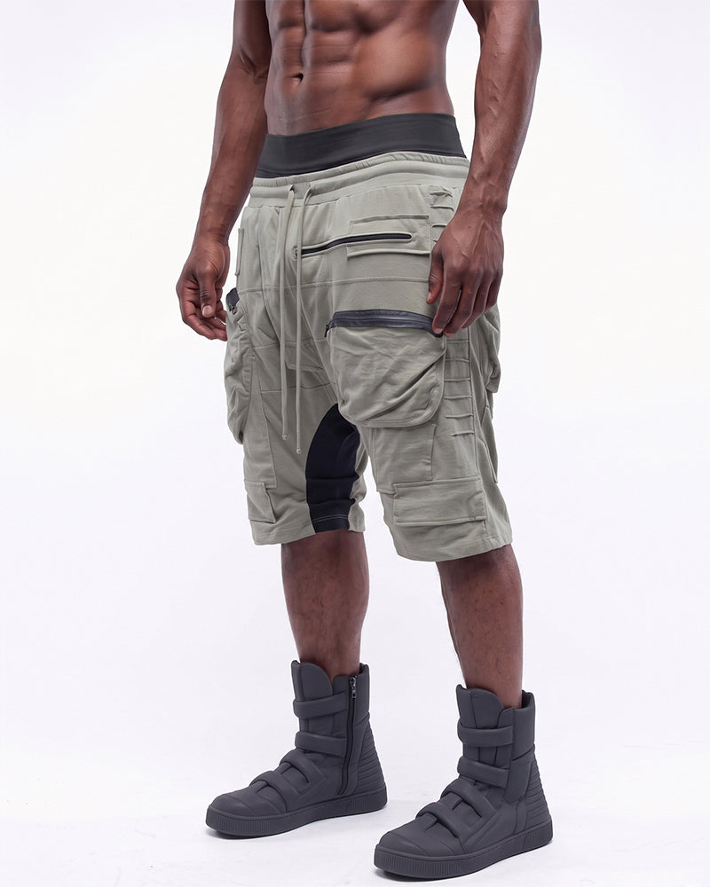 Wasteland Multi-Zip Cargo Contrast Drop-Crotch Shorts