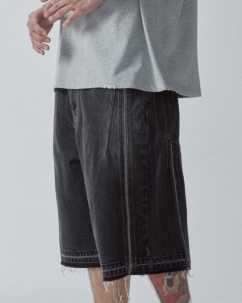 Washed Denim Panel Shorts
