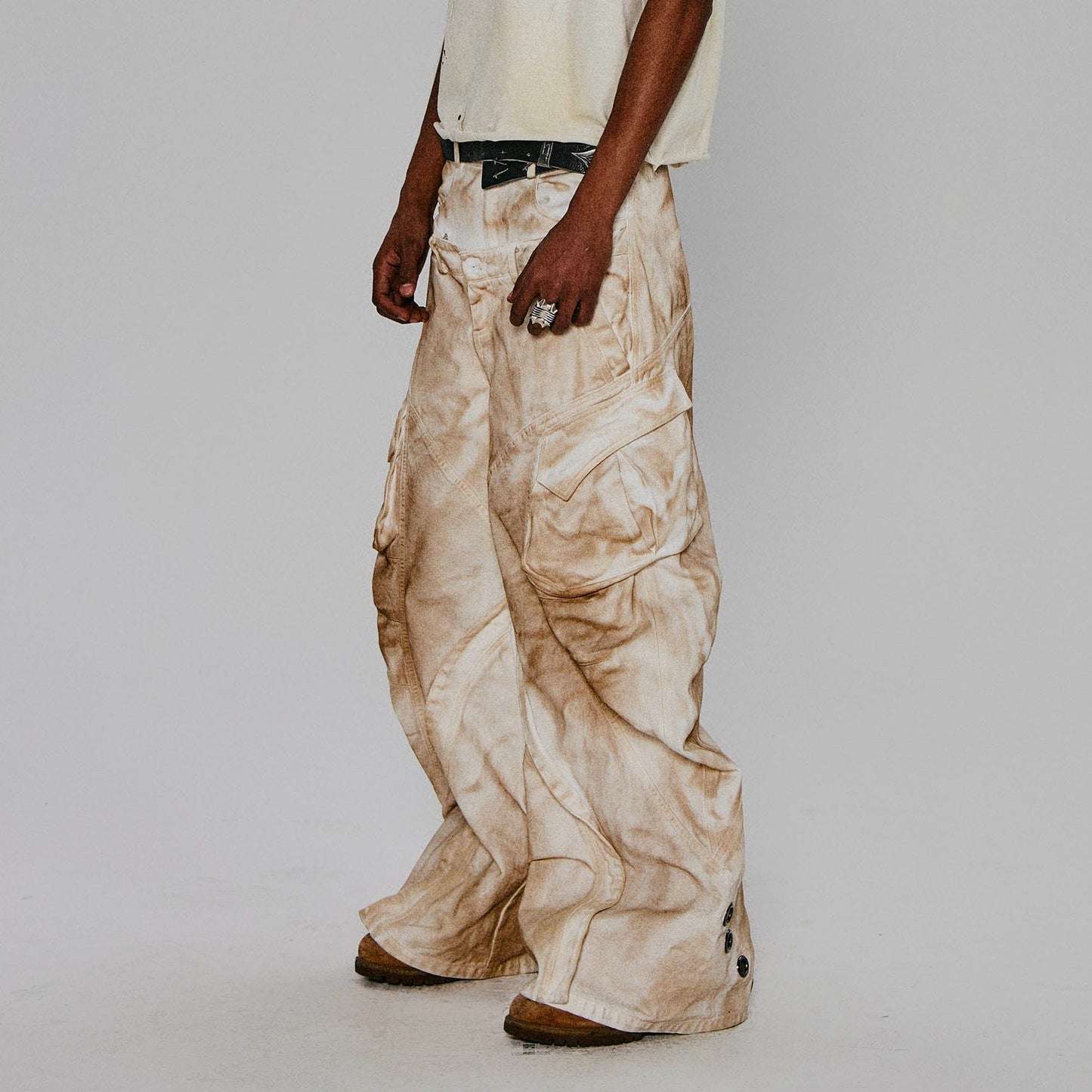 Rusted Double-Waist Multi-Pocket Curved-Leg Cargo
