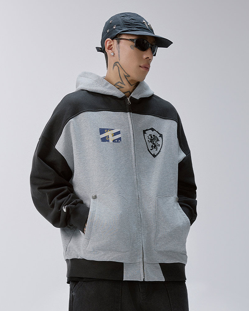 Contrast Panel Badge Graphic Hooded Jacket