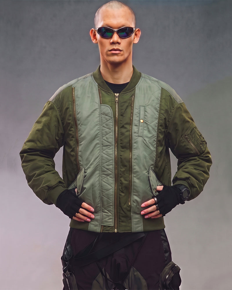 Deconstructed Color-Block Multi-Zip Military Jacket