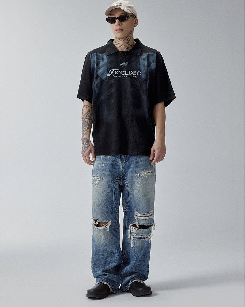 Washed Vintage Skeleton Print Polo Shirt