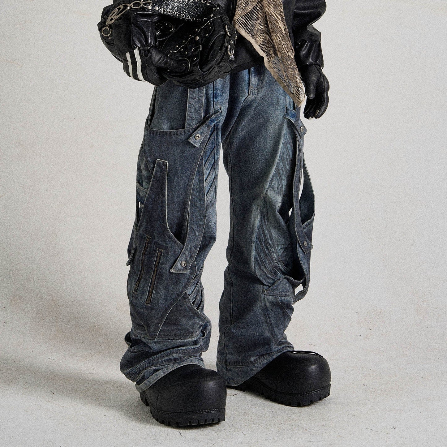 Deconstructed Multi-Strap Wide-Leg Jeans