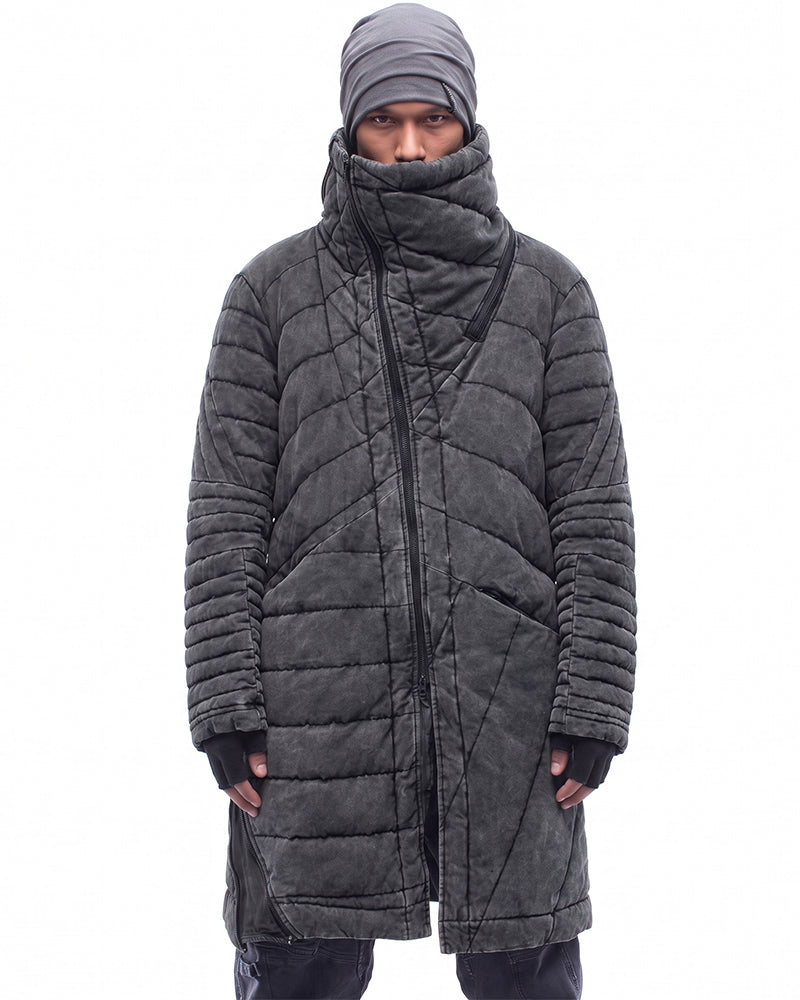 Wasteland Deconstructed Asymmetric Distressed Mid-Length Thick Puffer Jacket
