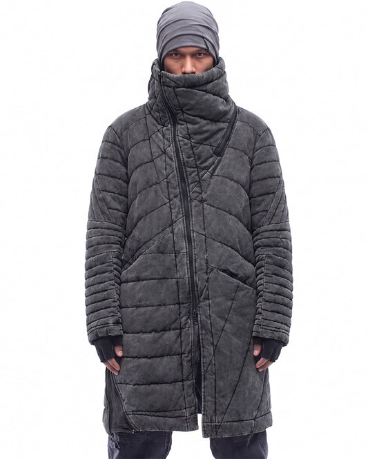 Wasteland Deconstructed Asymmetric Distressed Mid-Length Thick Puffer Jacket
