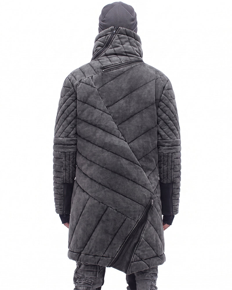 Wasteland Deconstructed Asymmetric Distressed Mid-Length Thick Puffer Jacket