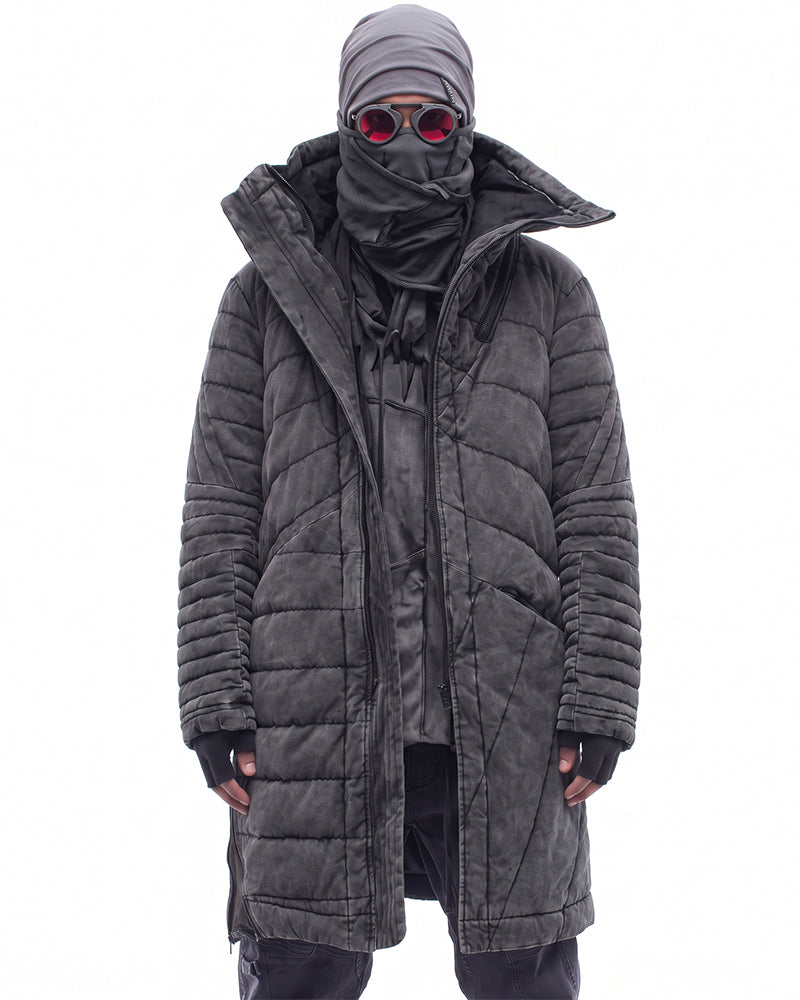 Wasteland Deconstructed Asymmetric Distressed Mid-Length Thick Puffer Jacket
