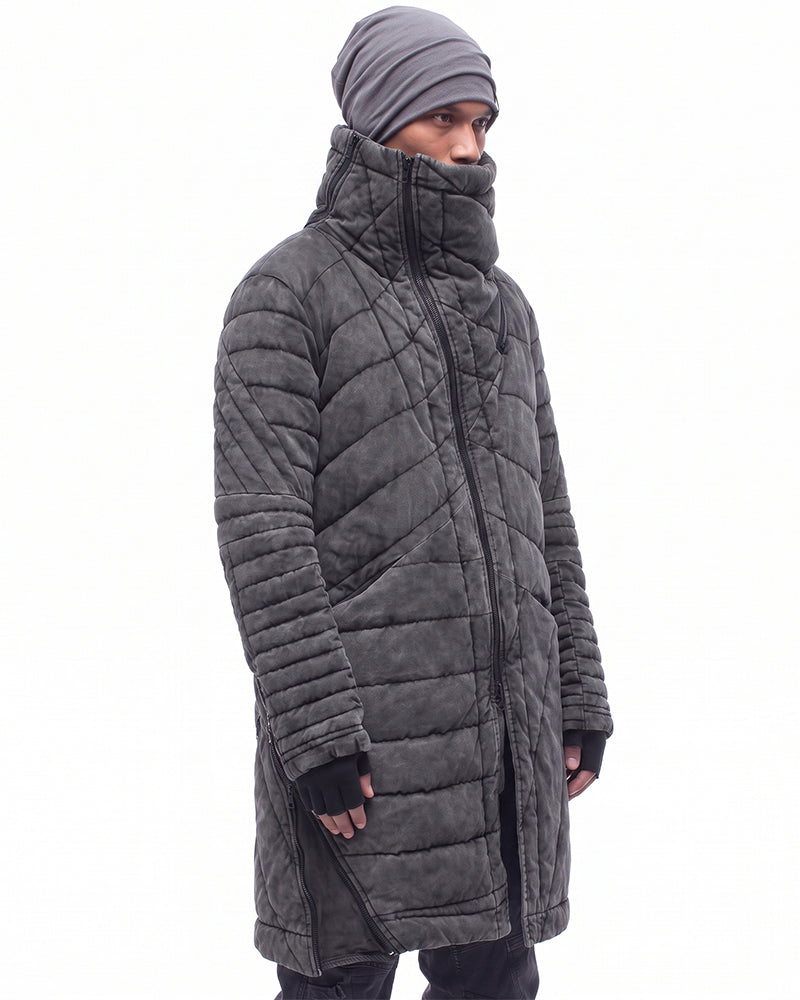 Wasteland Deconstructed Asymmetric Distressed Mid-Length Thick Puffer Jacket