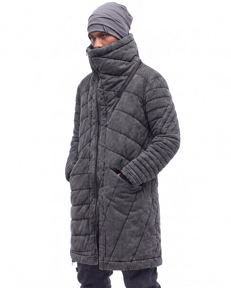 Wasteland Deconstructed Asymmetric Distressed Mid-Length Thick Puffer Jacket