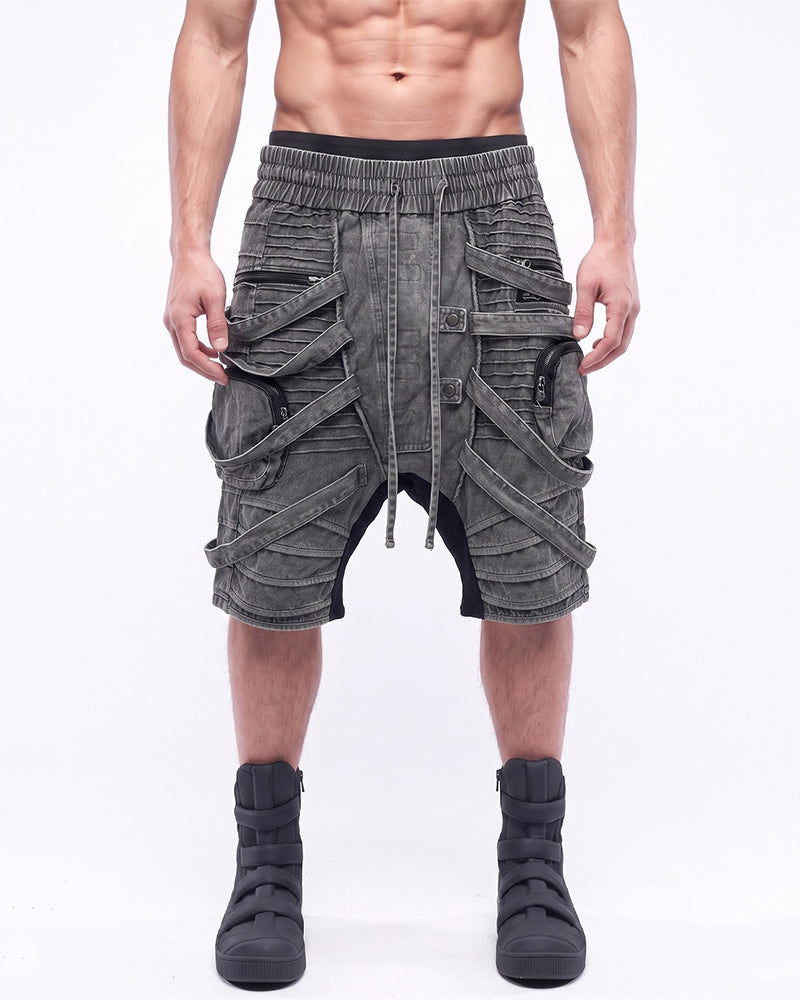 Wasteland Deconstructed Pleated Strap Distressed Washed Shorts