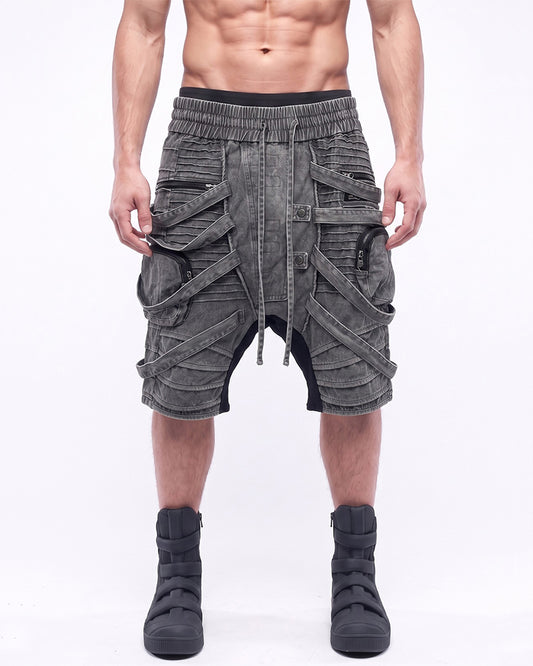 Wasteland Deconstructed Pleated Strap Distressed Washed Shorts