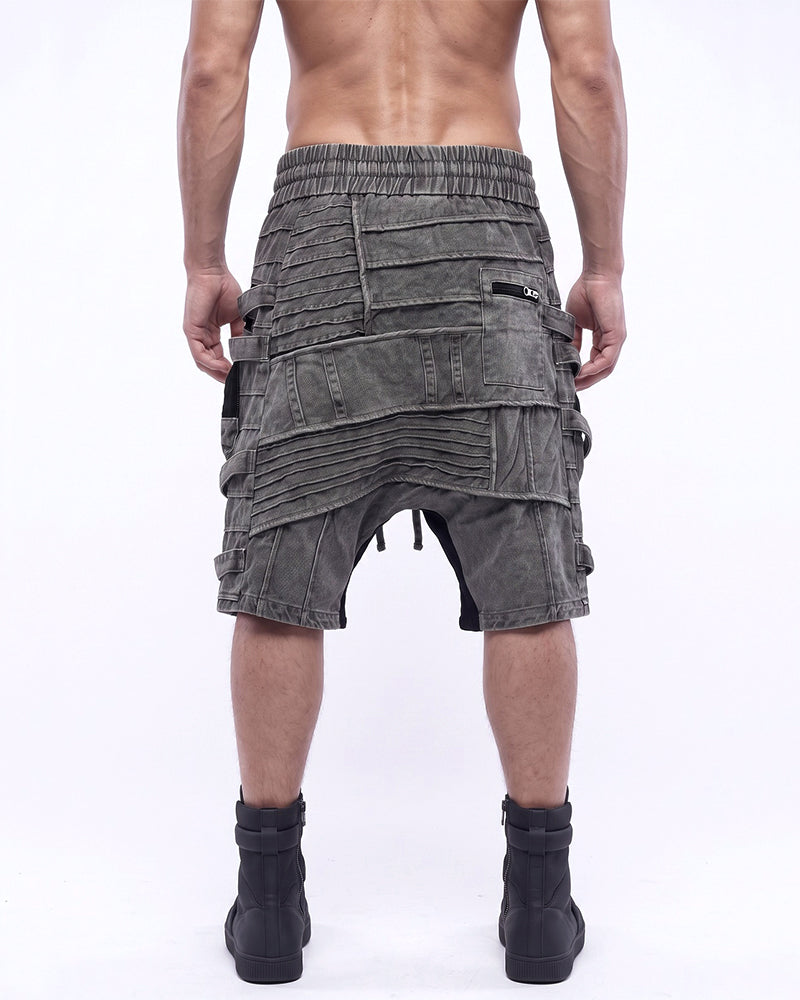 Wasteland Deconstructed Pleated Strap Distressed Washed Shorts