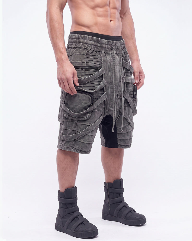Wasteland Deconstructed Pleated Strap Distressed Washed Shorts