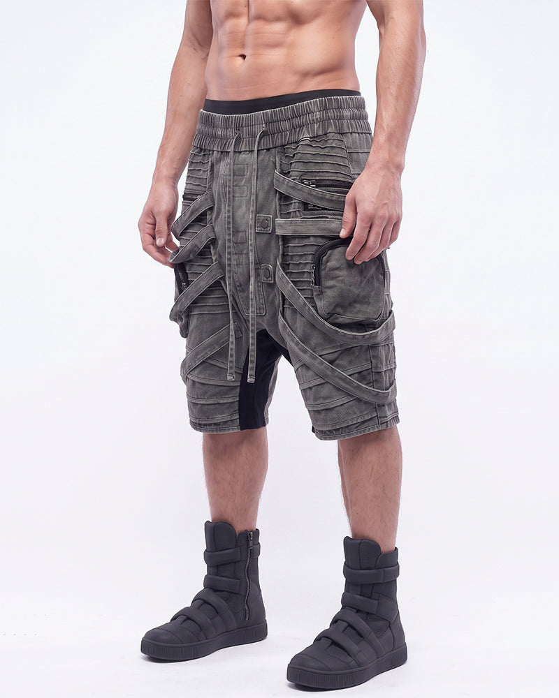 Wasteland Deconstructed Pleated Strap Distressed Washed Shorts