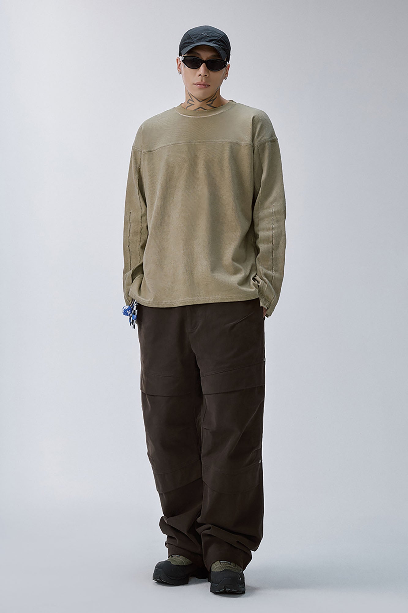 Distressed Panel-Stitched Long-Sleeve Tee