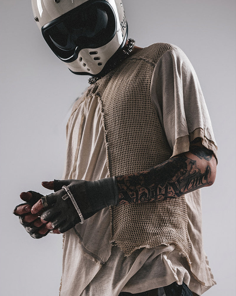 Wasteland Wear Distressed Dual-Layer Mesh Patchwork T-Shirt