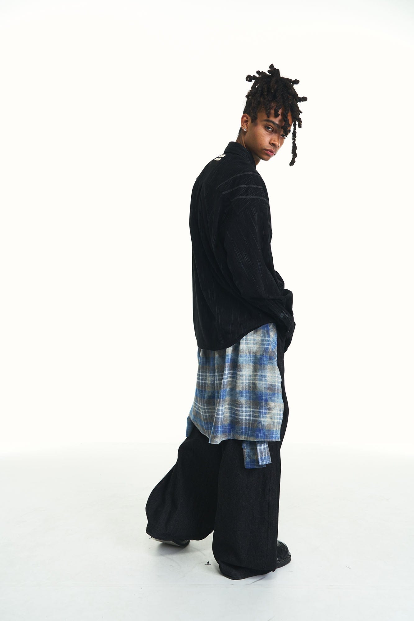 Detachable Plaid Flap Panel Wide-Leg Pants