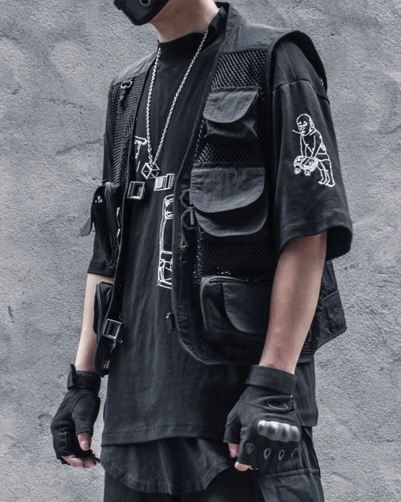 Techwear Multi-Pocket Fishnet Cargo Vest