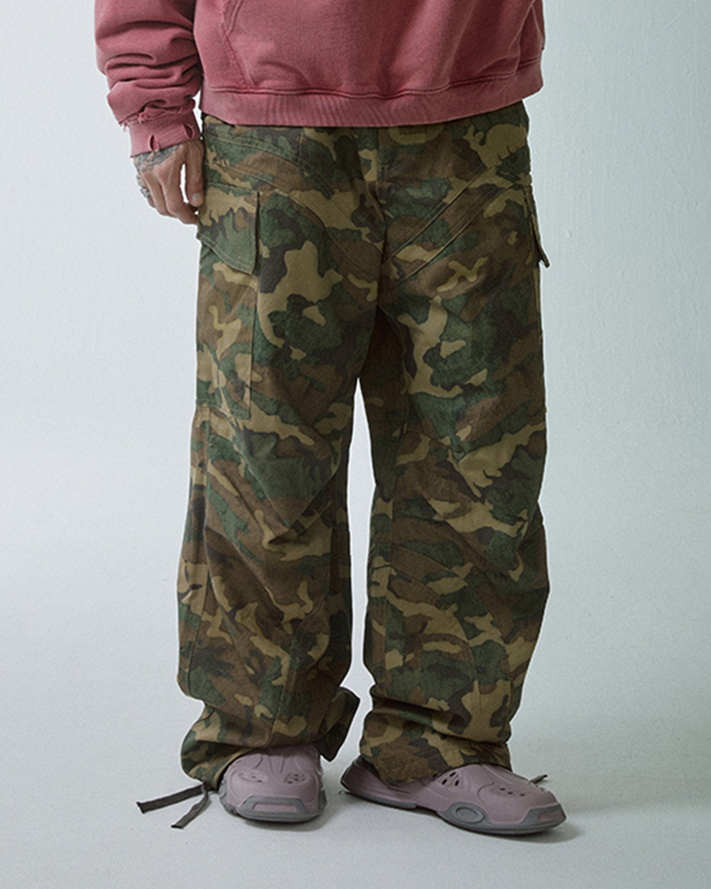 Wide-Leg Draw-String Camo Cargo Pants