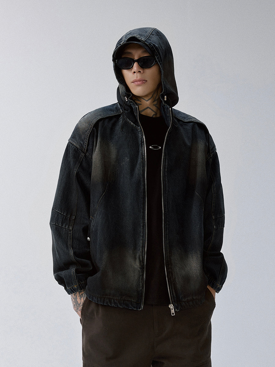Washed Paneled Denim Hooded Jacket