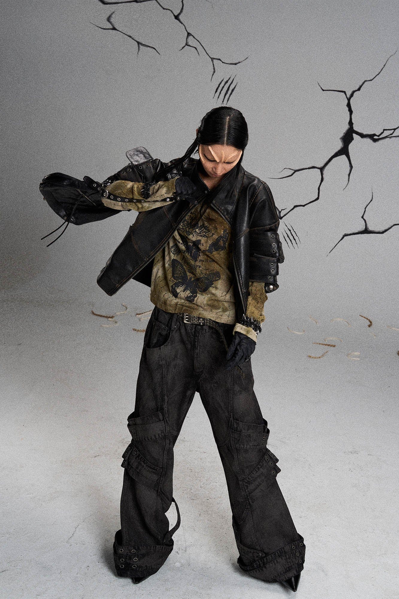 Mutation Layered Strap Distressed Wide-Leg Pants