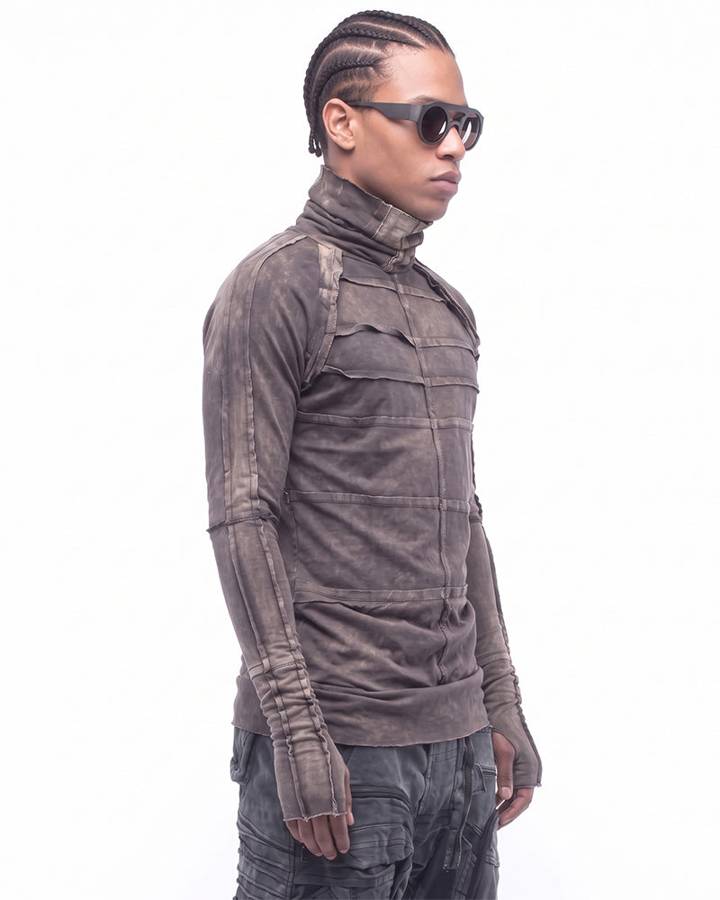 Dystopian Distressed Paneled Turtleneck Long Sleeve Top