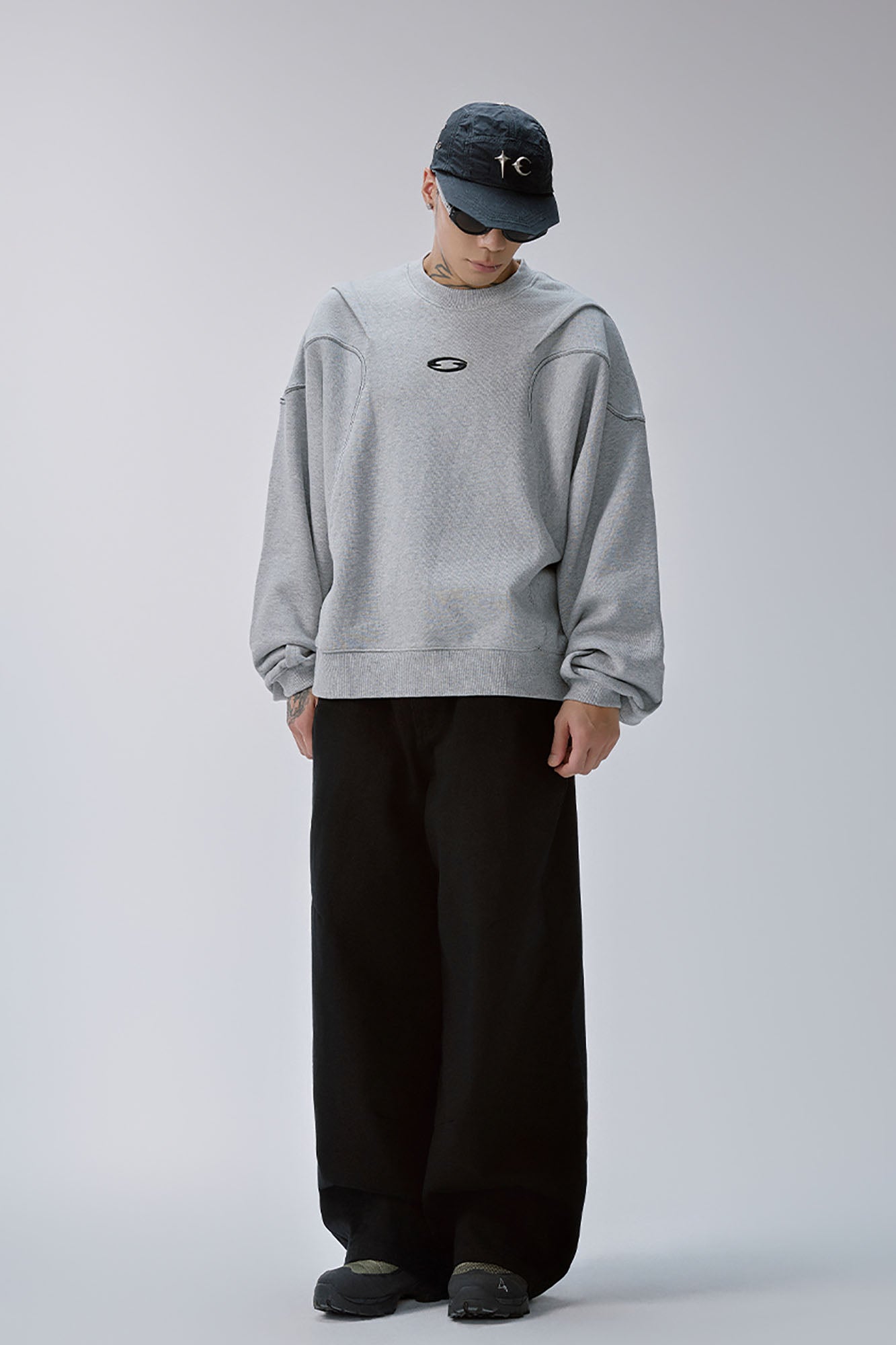 Pleated Panel Logo Embroidery Sweatshirt