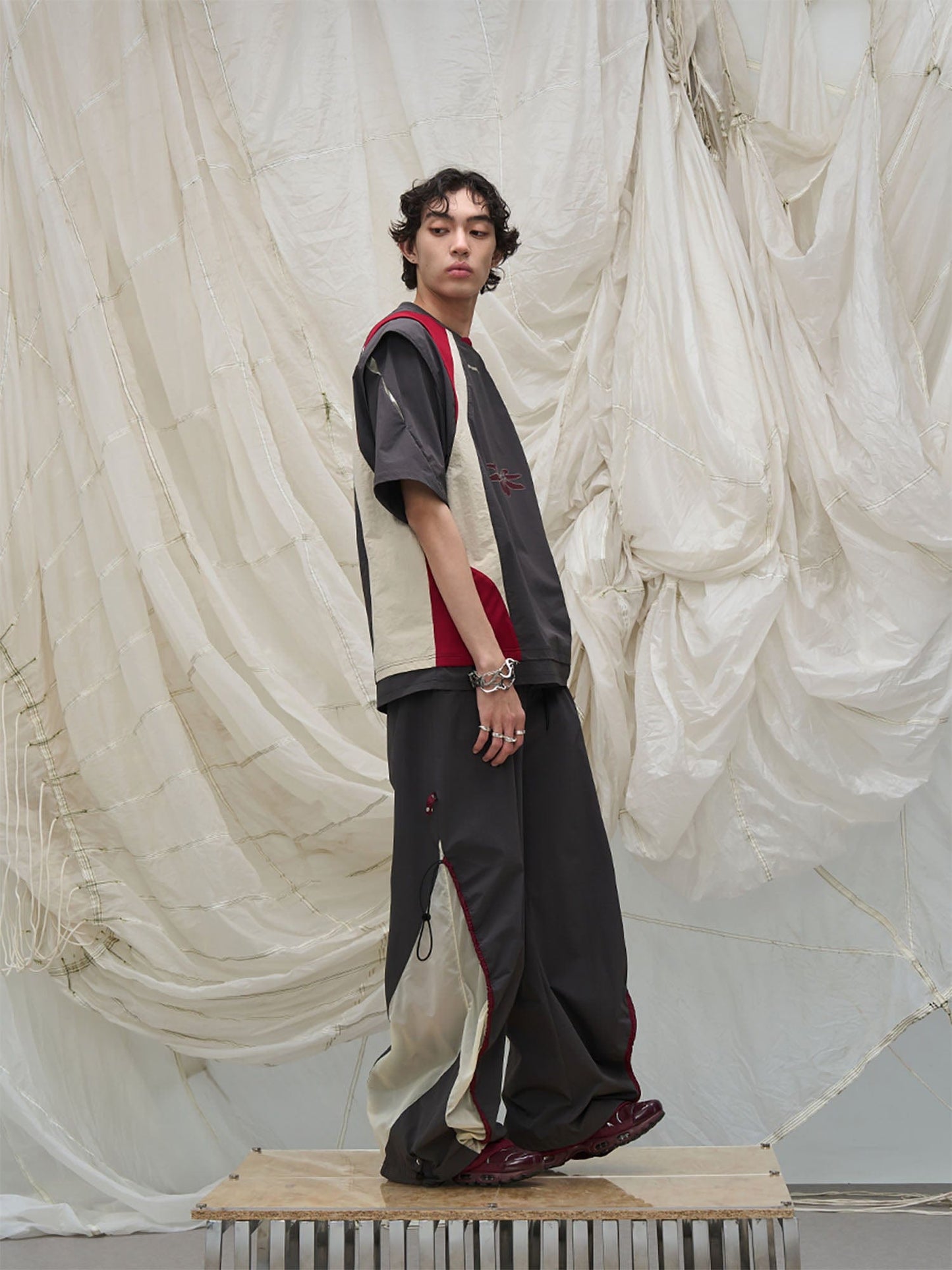 Contrast Spliced Fold-Side Drawstring Pants