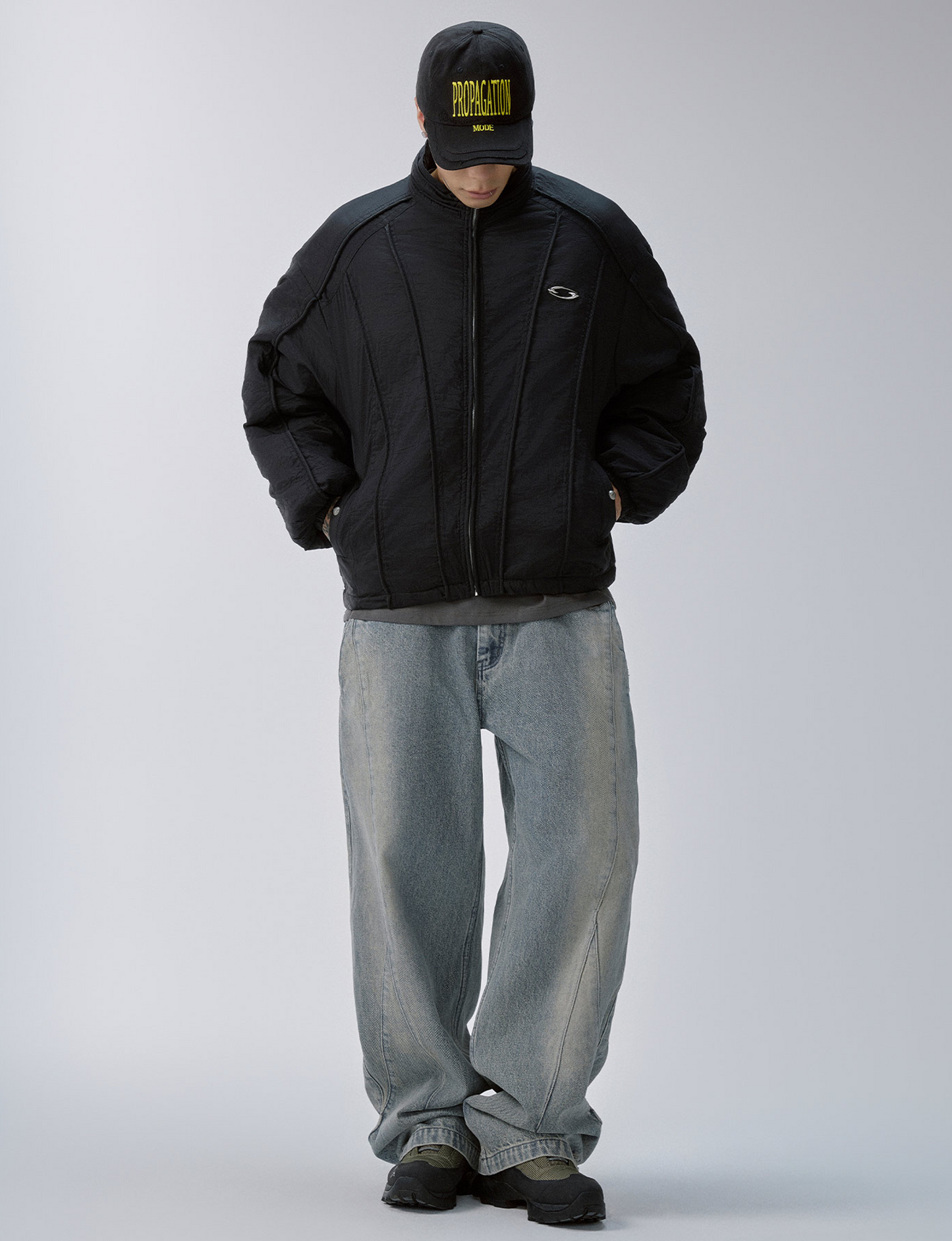 Washed Panel Adjustable-Hem Denim Pants