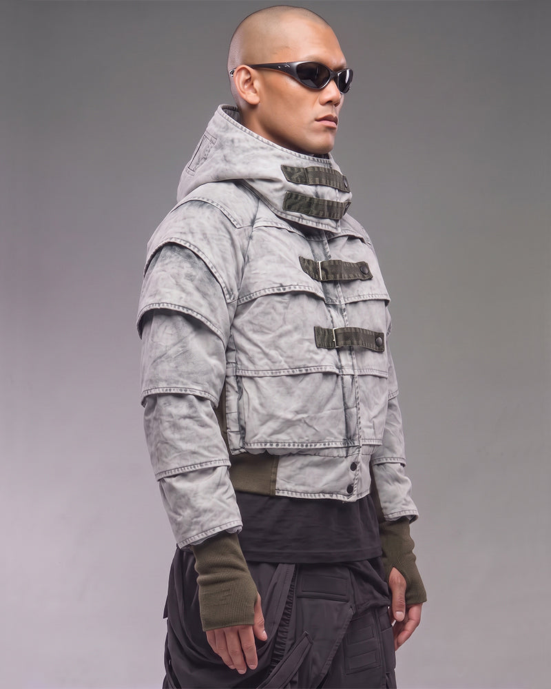 Post-Apocalyptic Distressed Pleated Cropped Hooded Jacket