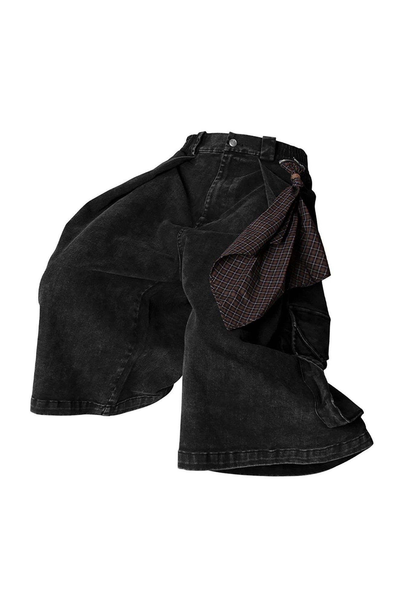 Detachable Scarf Washed Multi-Pocket Wide-Leg Shorts Black