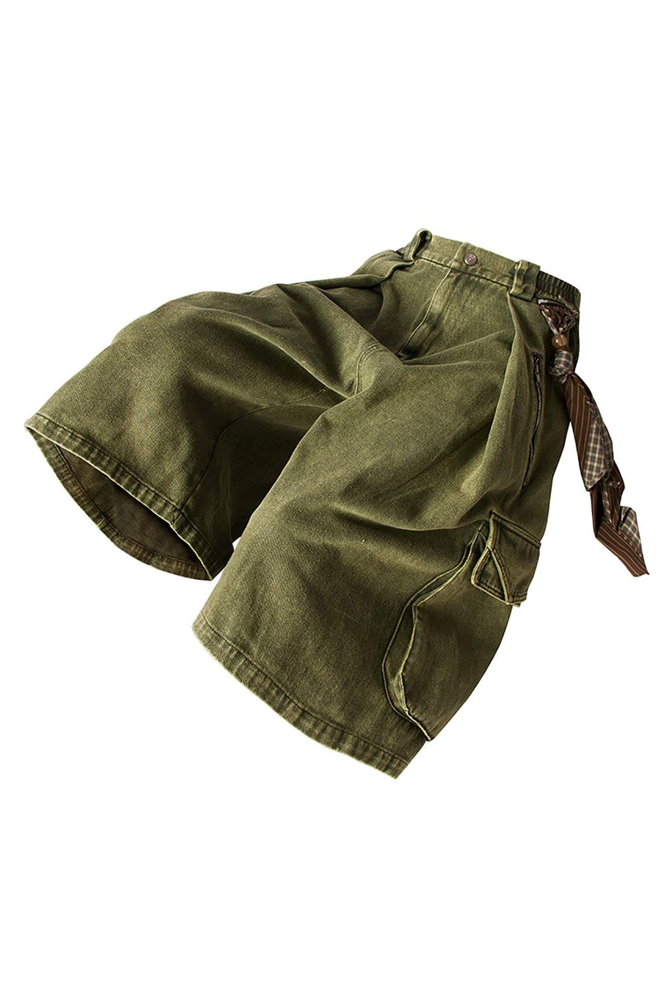 Detachable Scarf Washed Multi-Pocket Wide-Leg Shorts Green
