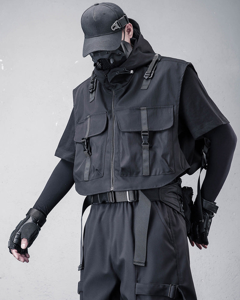 Techwear Tactical Utility Hooded Black Vest
