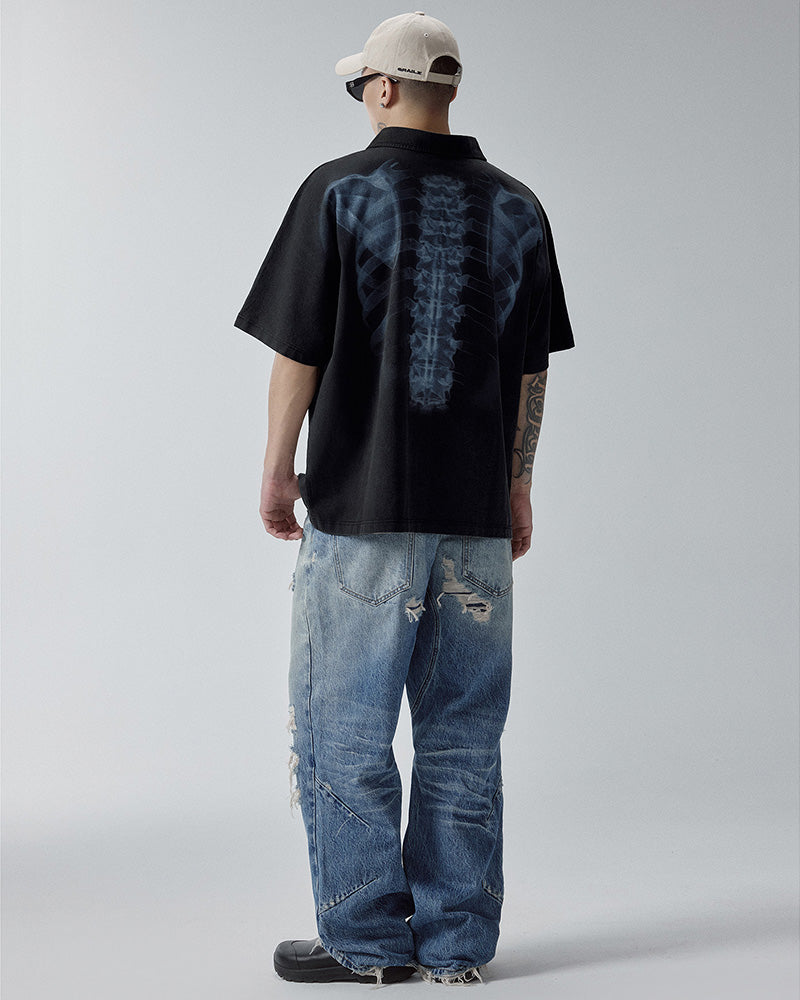 Washed Vintage Skeleton Print Polo Shirt