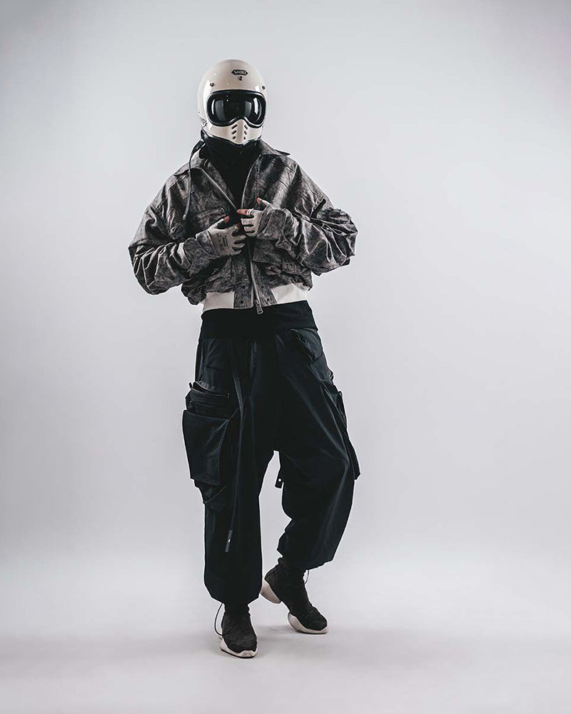 Acid-Wash Cropped Bomber Utility Jacket