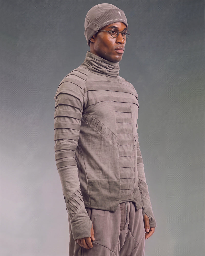 Post‑Apocalyptic Pleated High‑Collar Long‑Sleeve T-Shirt