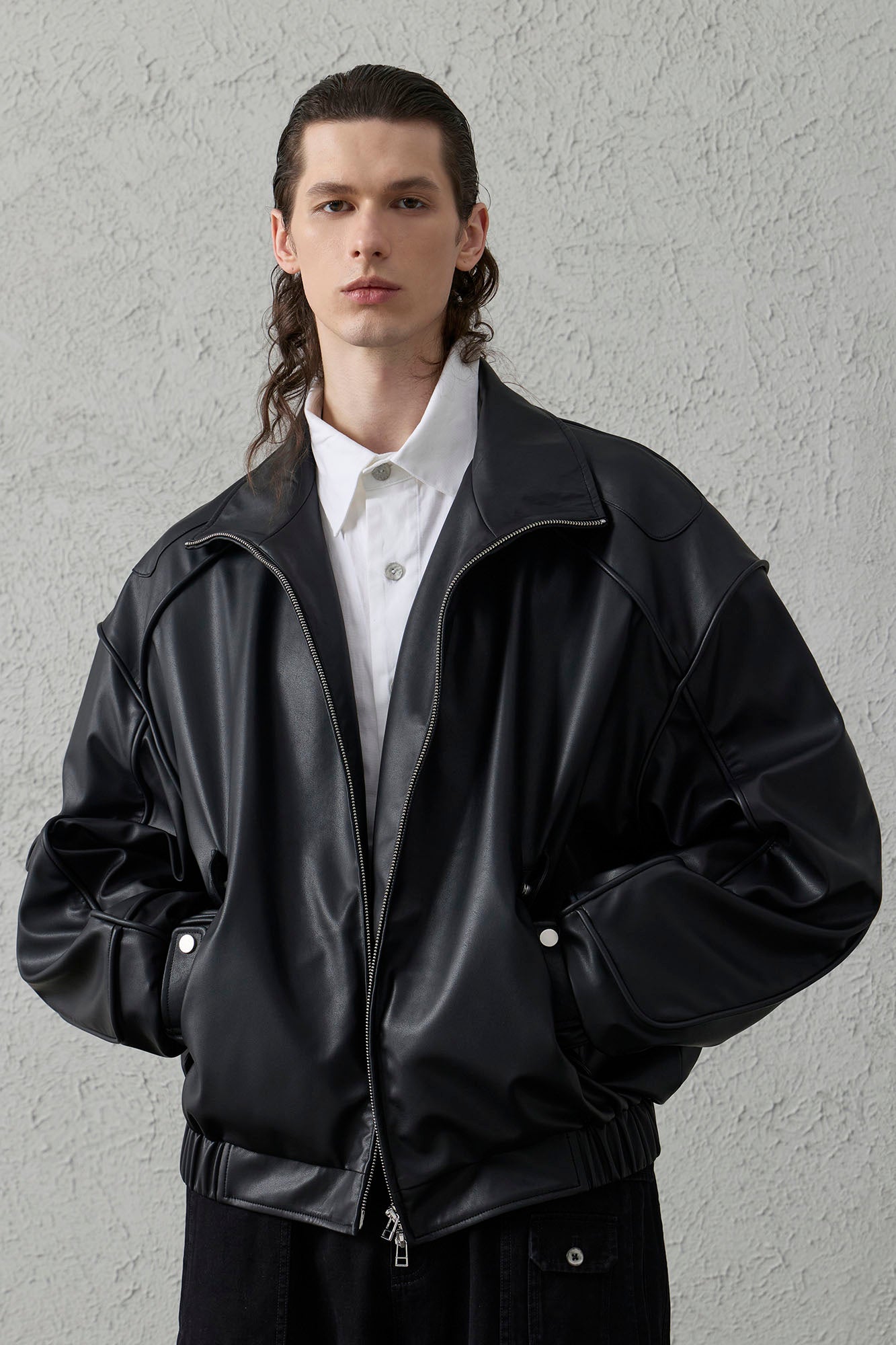 Faux Leather Piped Seam Jacket