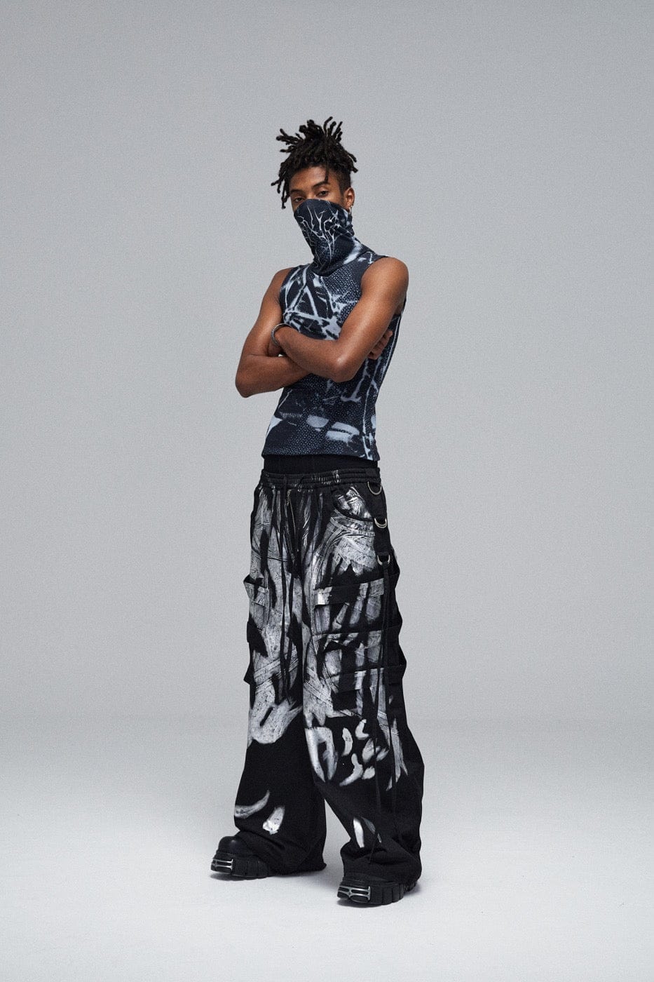 Multi-Layered Striped Graffiti Cargo Pants