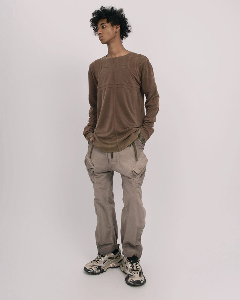 Washed Paneled Crew Neck Long-Sleeve Tee