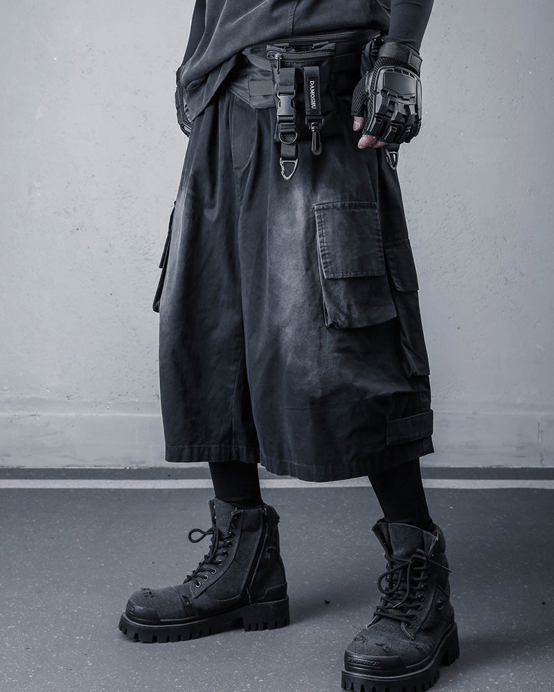 Techwear Distressed Wide-Leg Cargo Shorts
