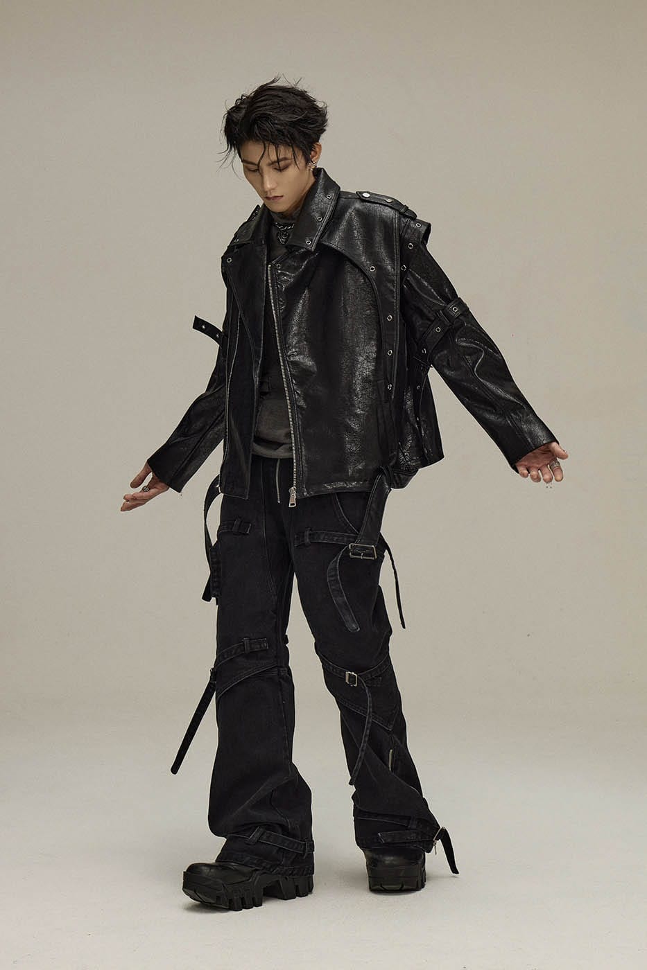 Spliced Faux-Layered Strap Zipper Pants