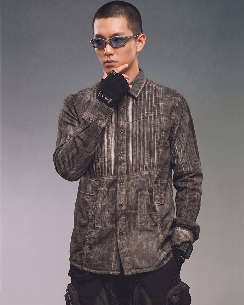 Post‑Apocalyptic Dirty Wash Distressed Pleated Shirt