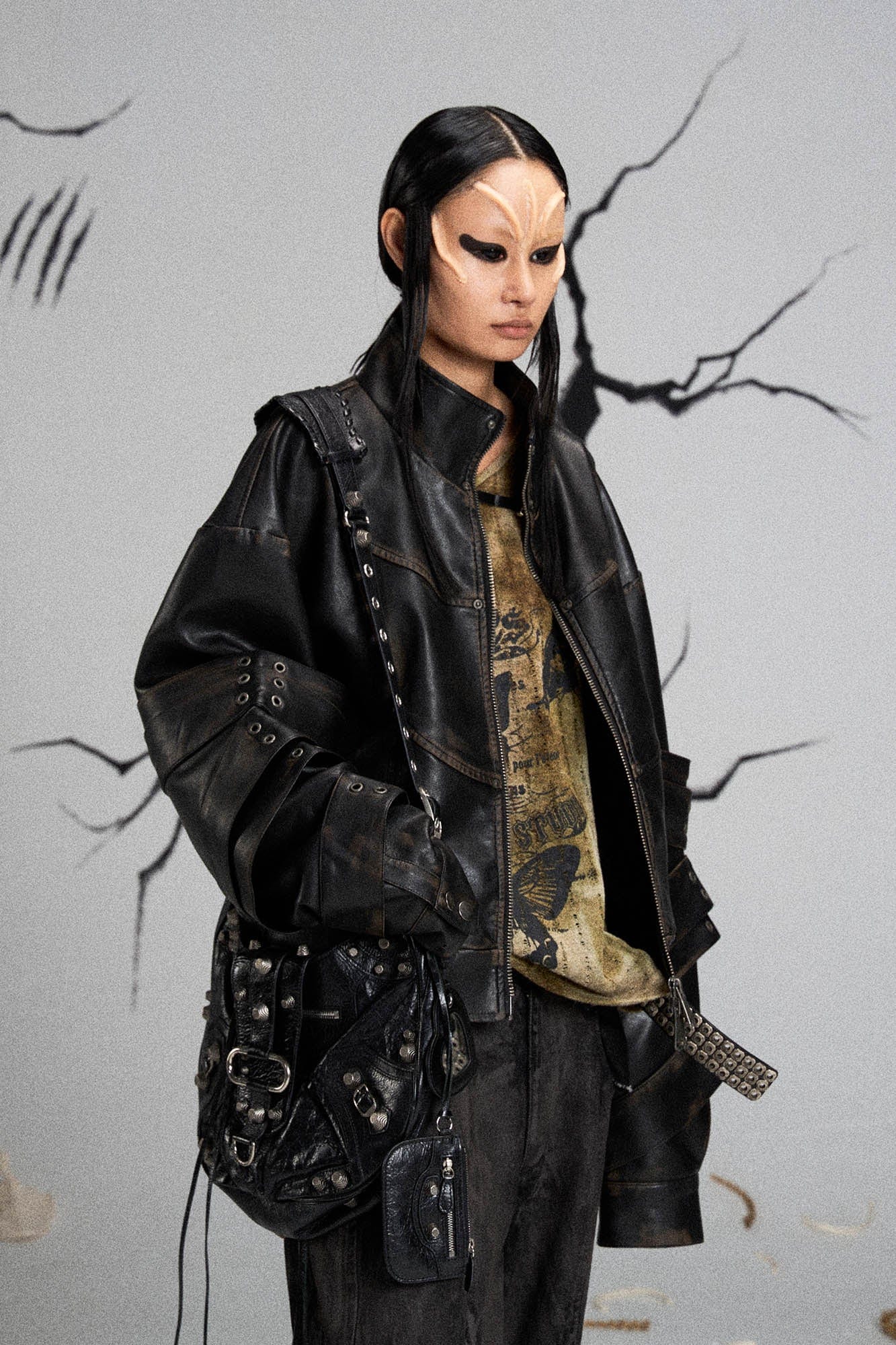 Mutation Layered Armor Spliced Faux Leather Jacket Black