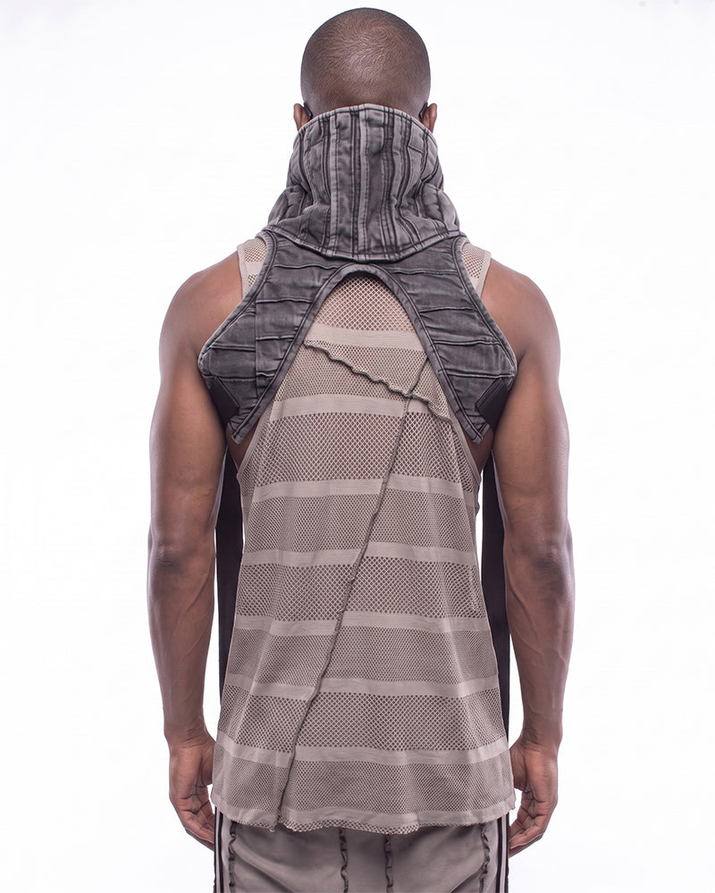 Post-Apocalyptic Asymmetric Pleated High-Neck Utility Vest