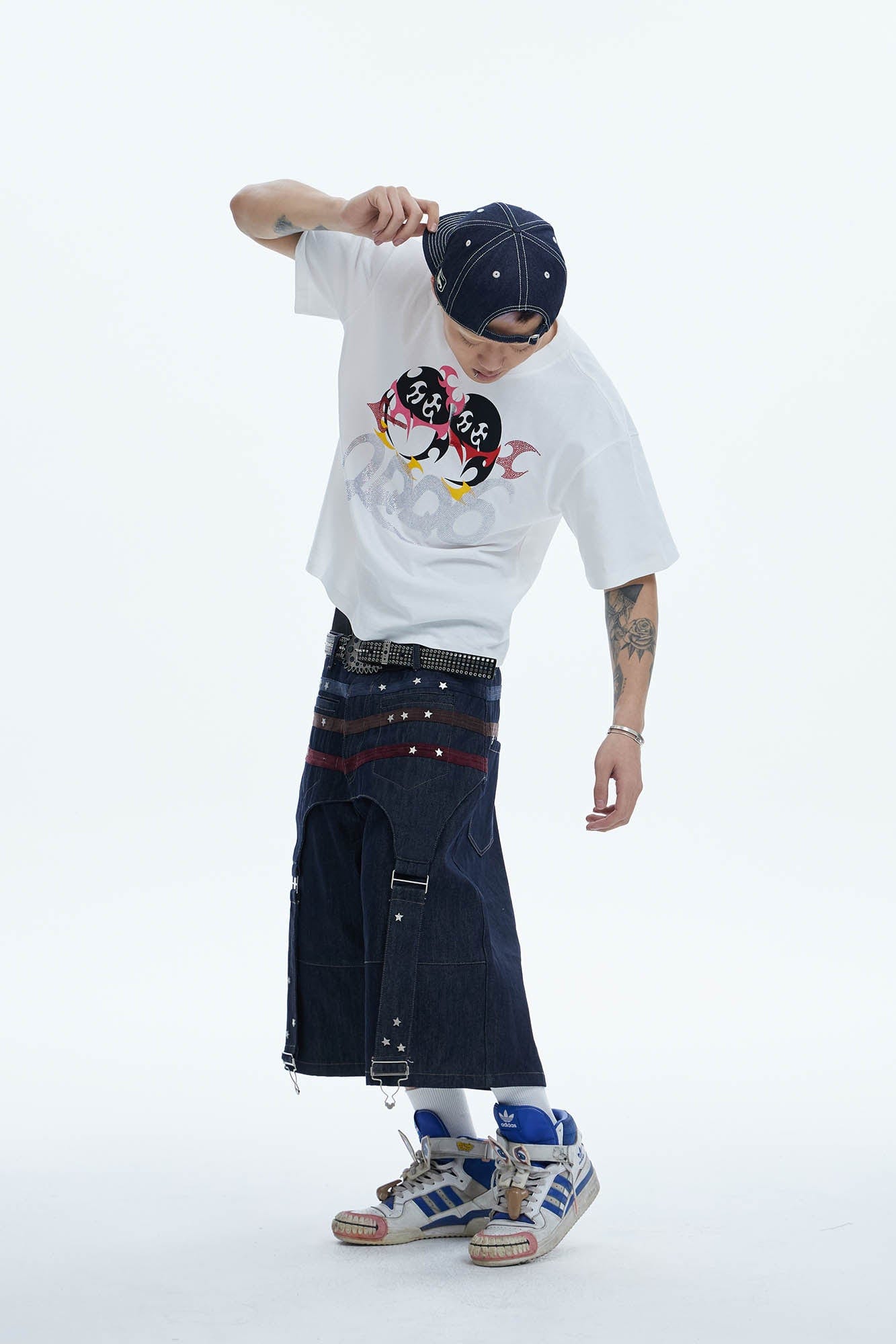 Star-Rivet Harness-Layered Denim Shorts