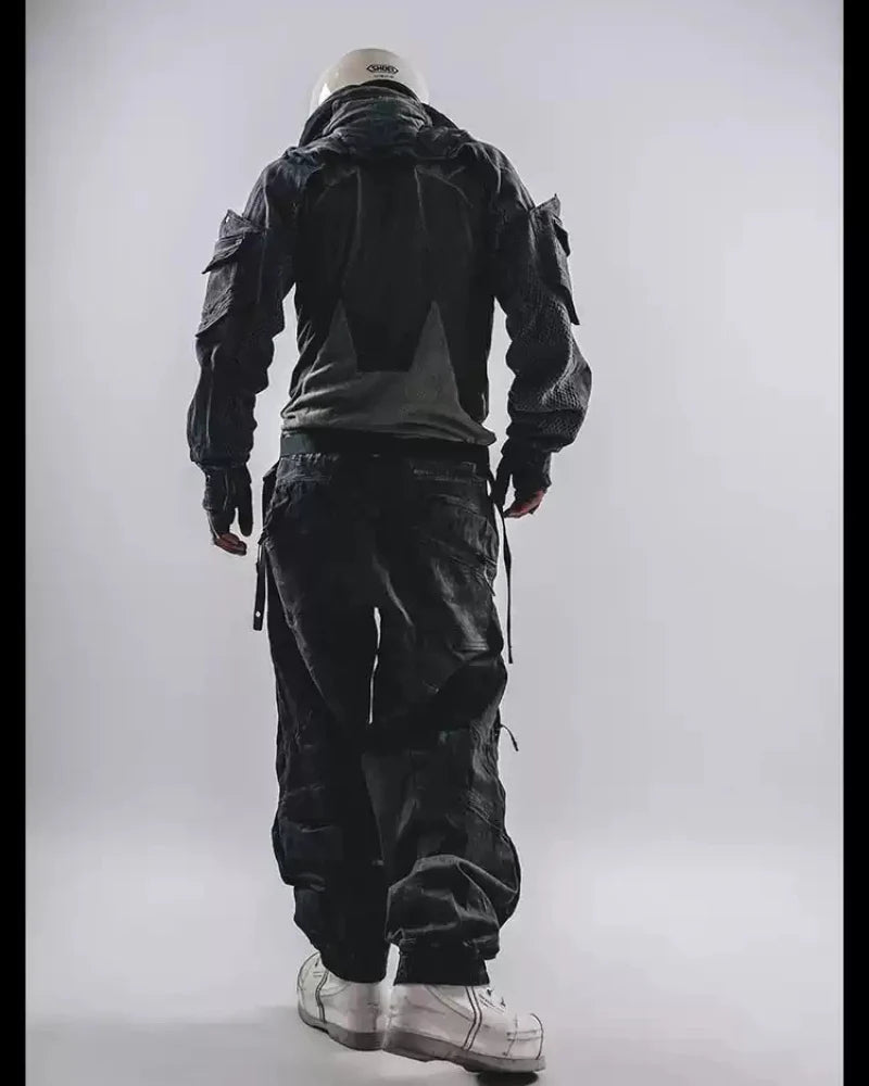 Post-Apocalyptic Hooded Mesh Color-Block Cape Jacket