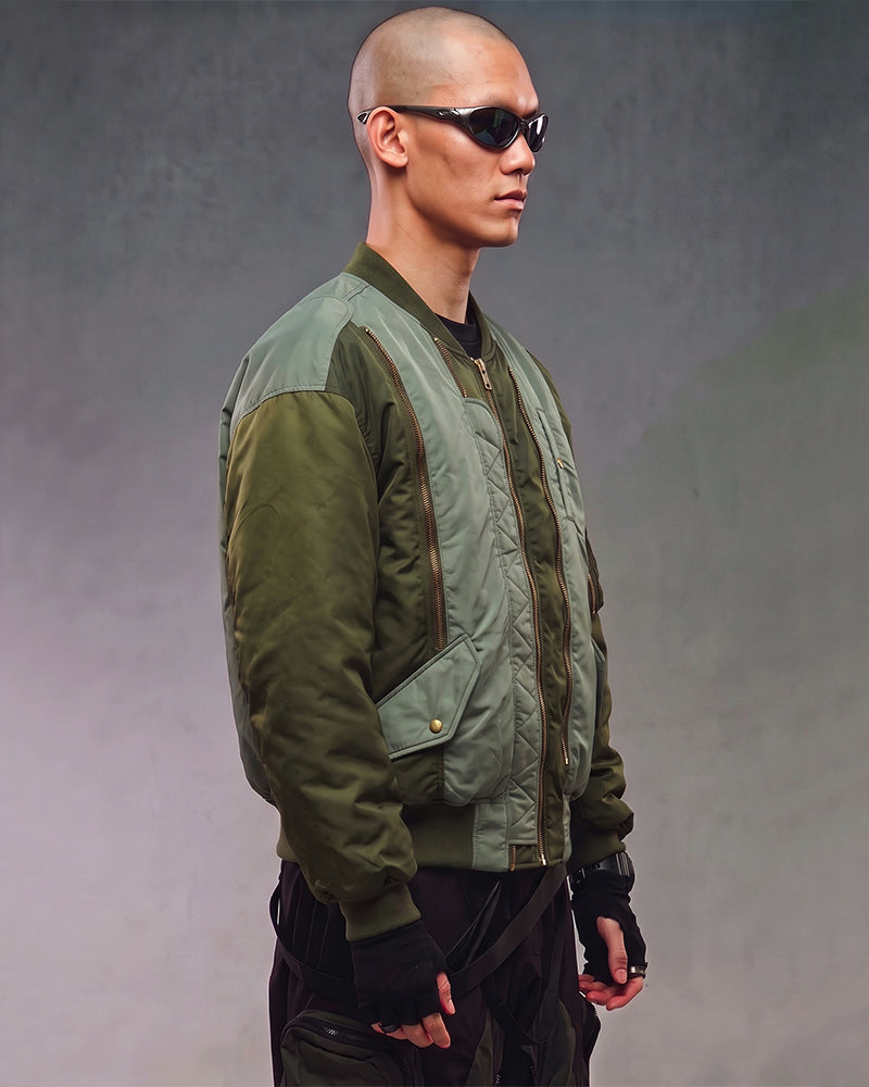 Deconstructed Color-Block Multi-Zip Military Jacket