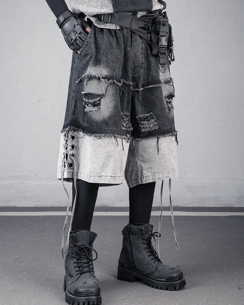 High-Street Wasteland Ripped Hem Washed Denim Shorts